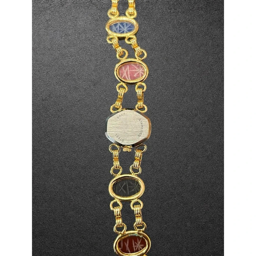 Belle Gold Tone Scarab Gemstone Bracelet Watch Quartz Needs Battery Vintage
